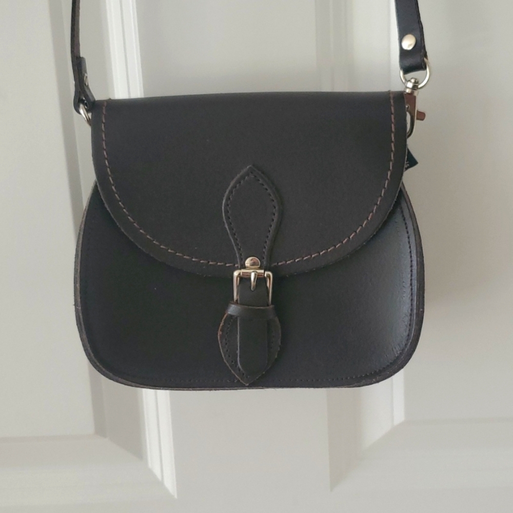 Zatchels Made in England Black Brown Leather Shoulder/Crossbody Mini Bag.